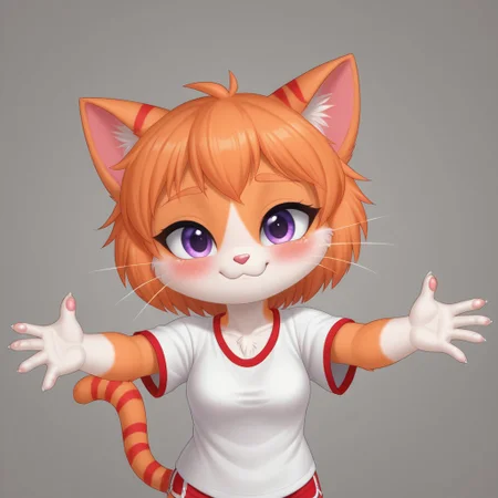 SuperKitties, Anthropomorphic body, Ginny, mammal, furry, orange tabby munchkin, \(artwork\), high quality/resolution, 4K, 2023, solid color background, solo focus, shaded, portrait, fur, female, biped, short stack, purple eyes, red stripes (in between 2 zig zag stripes), cat tail, ears down, chestnut (color) orange thin eyebrows, eyes opened, blushing red face, light pink solid color shirt, oversized shirt, magenta dolphin shorts, looking at the viewer, one eyelash, POV, incoming hug, hands reaching the viewer, smiling, sad, mouth slightly open, no hair only fur, shading, round-shaped head, white whiskers, white vanilla colored hands and feet (paws) close up