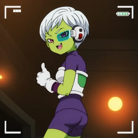 score_9, source_anime BREAK 1girl, solo, colored skin, green skin, cheelai wearing a purple bodysuit, from the side, ass, standing, white armor, white gloves, thumbs up, tinted eyewear, purple shorts, indoors, traditional setting, viewfinder, looking over shoulder, looking at viewer, open mouth, smug, smile, dynamic pose, dim lighting, shadows ð, captured on camera <lora:cheelai_dbs:1>