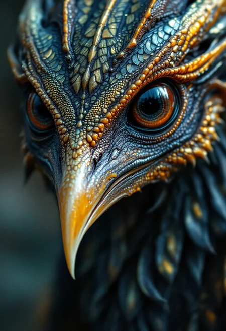 A close-up of an avian alien with feathers that change color depending on its emotions, intricate plumage patterns with metallic sheen, and sharp, beak-like appendages that subtly shift shape.