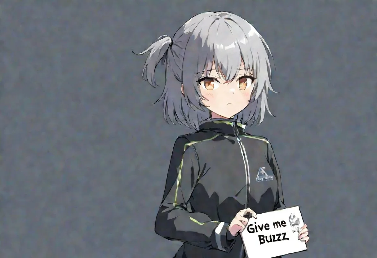 girl, sign in hand that says "give me buzz 4 model training"