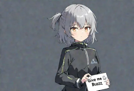 girl, sign in hand that says "give me buzz 4 model training"