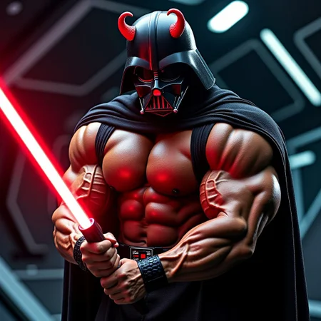 a zoomed out shot of a beautiful 18yo male bodybuilder Darth Vader with a black skull mask with red horns, wearing a sleeveless robe that has a deep plunging neckline that shows his massive pecs and deep cleavage and his rippling abdominals, his arms are bare, he is holding a black light saber with a black light, holding it with both hands standing in a futuristic spaceship, full body shot, cover model looks, skin details, ultrarealistic, hyperdetailed photography, vibrant lighting, bulging muscles, glossy tan muscles arrogant swagger, his waist is narrow, narrow hips