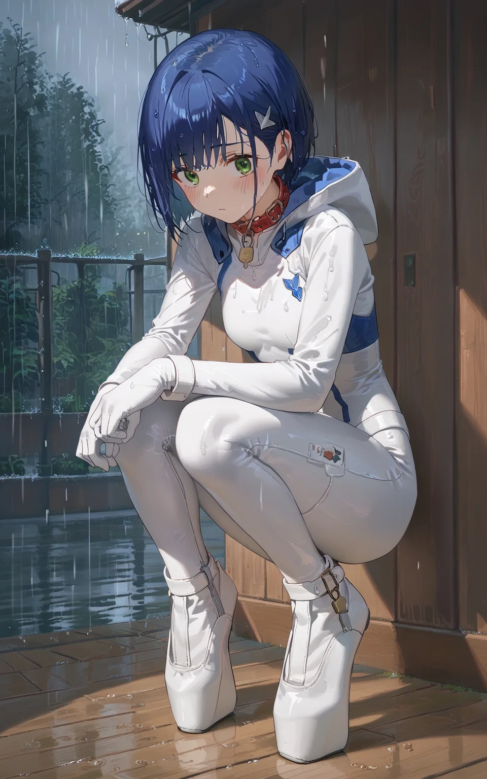 score_9,score_8_up,score_7_up,1girl,ichigo_franxx,blue hair,short hair,hairpin,green eyes,white bodysuit,rain,light particles,wooden floor,full body,pet collar,pool,shy,<lora:heelless_ballet_boots:0.8>,heelless ballet boots,zeroheels ballet boots,knee boots,platform footwear,locked boots,standing,<lora:Ichigo_-_Darling_in_the_Franxx:0.6>,squatting,
