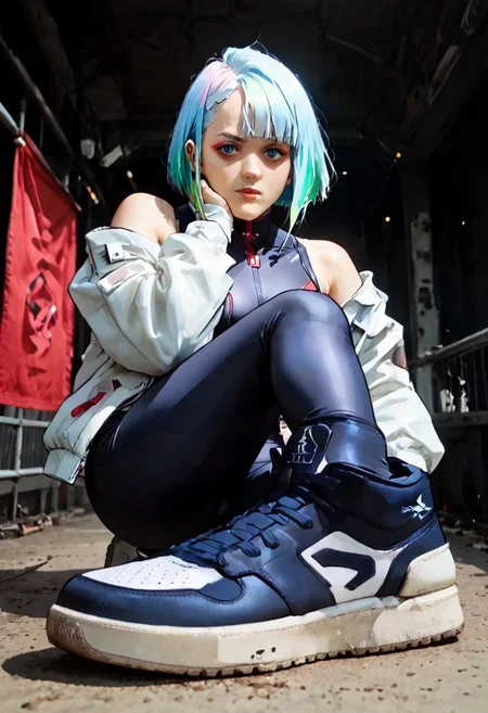 cinematic digital concept art,
saturated colors,
<lora:cyberpunk-lucy-s1-ponyxl-lora-nochekaiser:1>, lucy, short hair, bangs, blue eyes, blue hair, multicolored hair, makeup, multicolored eyes, large breasts,
bare hips, bodysuit, jacket, leotard, monowire, off shoulder, off-shoulder jacket, open clothes, open jacket, skindentation,
boots
hud_sh03_sh0w, foreshortening, looking at viewer, sneakers
g4g, covered mouth, mouth silhoutte, star spangled banner mask, (nose)
framing device, leading lines, fast shutter, negative space,