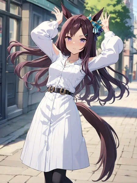 masterpiece,best quality,absurdres,detailed skin,official art,floating hair,
mejiro dober \(umamusume\), 1girl, horse ears, horse tail, arms up, full body, black belt, black leggings, looking at viewer, outstretched arms, green pumps, casual, blush, standing, white long shirt dress, sleeves cutout, long sleeves, ear ornament, silver necklace
outdoors, cowboy shot,
 <lora:SDXL_mejiro_dober_v1.0:0.85>