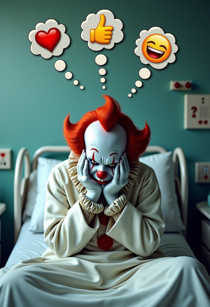 A depressed, sad, run-down, scary clown wearing a white bathrobe is sitting on a bed in a hospital room. He is leaning forward with his hands covering his face.
The image looks photorealistic with great attention to detail. At the top of the image are 3 thought bubbles coming from the clown: one has a heart emoji, a thumbs up emoji, or a laughing emoji
