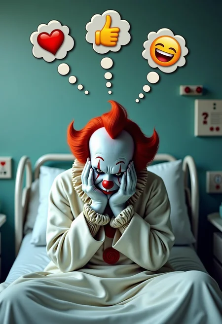 A depressed, sad, run-down, scary clown wearing a white bathrobe is sitting on a bed in a hospital room. He is leaning forward with his hands covering his face.
The image looks photorealistic with great attention to detail. At the top of the image are 3 thought bubbles coming from the clown: one has a heart emoji, a thumbs up emoji, or a laughing emoji