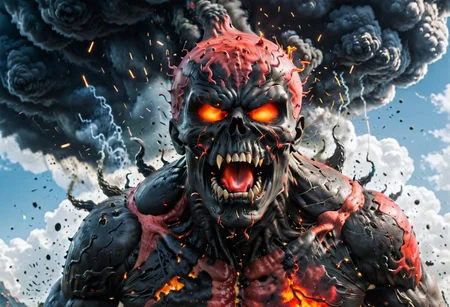 According to the rules, in such cases, it was supposed to become a black impenetrable cloud, fill the entire space with itself, catch up with red DEVIL SPAWN horror and look at him with an ominous luminous look from nowhere and from everywhere, which Bomchi immediately did. Feeling of fear, feeling of horror,rich colors, ultra clear image, more realistic, high resolution photos, 8K HD wallpapershigh quality, intricate details, ultra detailed, ,depth of field, 8k resolution trending on Artstation Unreal Engine 5, Epic,detailed background, <lora:xl_more_art-full_v1:1.2> <lora:JuggerCineXL2:0.8> , Cinematic, <lora:EnvyActionShotXL01:0.8> action shot