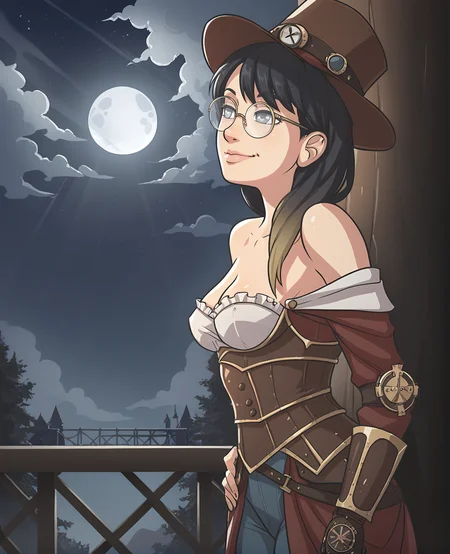 score_9,score_8_up,score_7_up,score_6_up BREAK,1girl,solo,standing,off shoulder,armor,long sleeves,steampunk,hat,medium breasts,gradient hair,black hair,red tips,long hair,grey eyes,white pupils,smirk,portrait,bangs,closed mouth,round glasses,medium breasts,scenery,low light,night,dark background,moon,<lora:bonestales_themanor_style-000011:1>