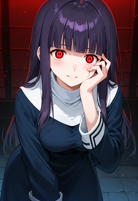 score_9, score_8_up, score_7_up, source_anime, rating_safe <lora:a_fujino_PONY-700007:1> a_fujino, 1girl, solo, long hair, purple hair, blunt bangs, red eyes, glowing eyes, glowing, blue dress, white turtleneck, long sleeves, long dress, sleeve cuffs, medium breasts, blush, looking at viewer, hand up, hand on own eye, evil smile, parted lips,leaning forward, portrait, aqua, blood,