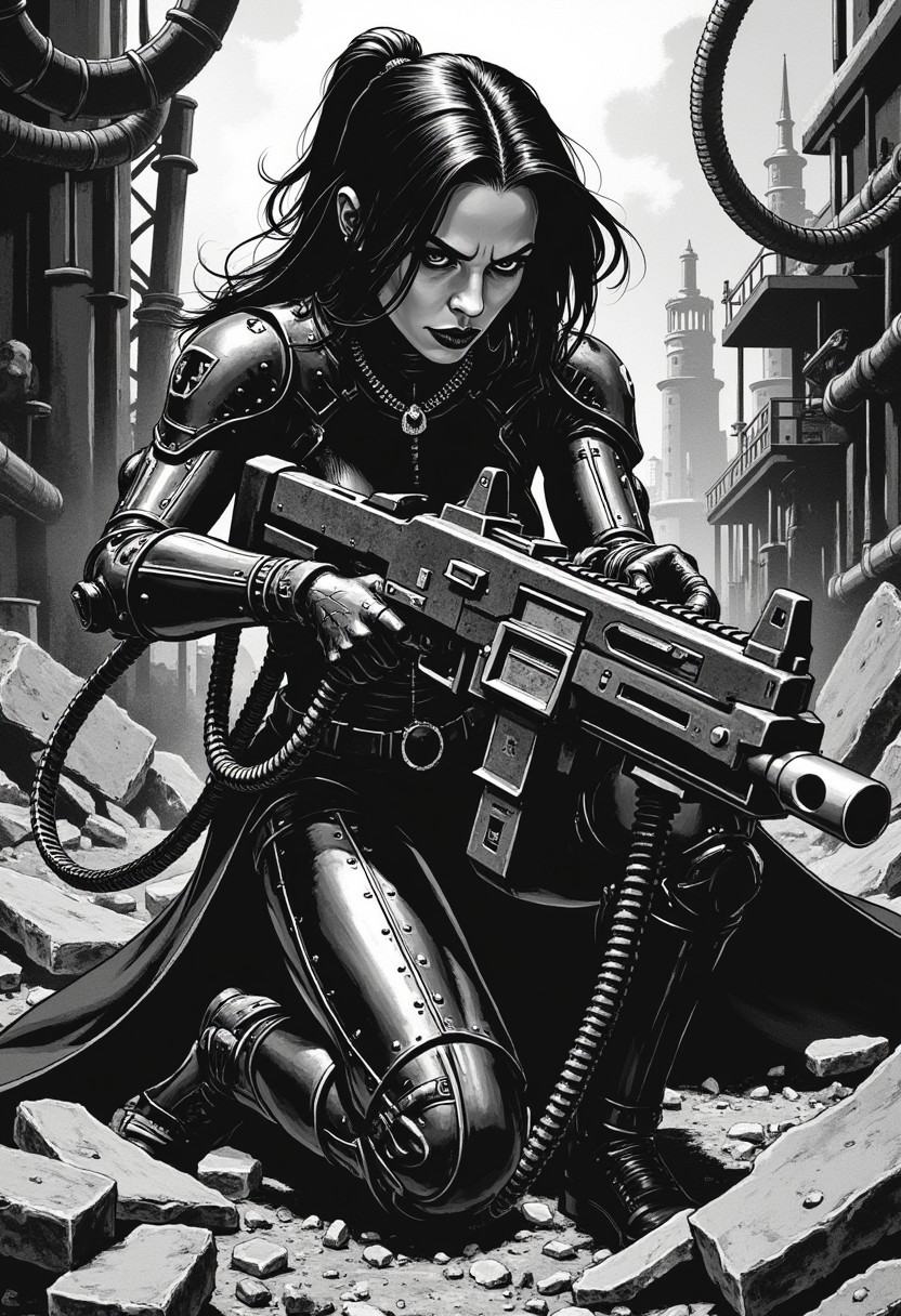 d4rkc0mic, comic-book style art, monochrome, The subject is dynamic action scene where a cybernetic woman with fully mechanical arms and legs taking cover behind some debri with a heavy machine gun, cyborg elements, post apocalyptic landscape, a lush landscape full of ruins and wreckages, expressive, symbolic, choker, side soft light, Dark environment, black over black, highly detailed,
the background features a (dark), abandoned, industrial setting with metallic pipes and machinery, creating a sense of a dystopian or sci-fi environment. The composition and the poses are dynamic. The composition is dominated by a slightly gritty texture that enhances the gritty, futuristic atmosphere.