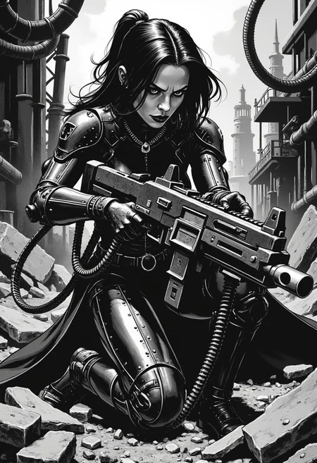 d4rkc0mic, comic-book style art, monochrome, The subject is dynamic action scene where a cybernetic woman with fully mechanical arms and legs taking cover behind some debri with a heavy machine gun, cyborg elements, post apocalyptic landscape, a lush landscape full of ruins and wreckages, expressive, symbolic, choker, side soft light, Dark environment, black over black, highly detailed,
the background features a (dark), abandoned, industrial setting with metallic pipes and machinery, creating a sense of a dystopian or sci-fi environment. The composition and the poses are dynamic. The composition is dominated by a slightly gritty texture that enhances the gritty, futuristic atmosphere.