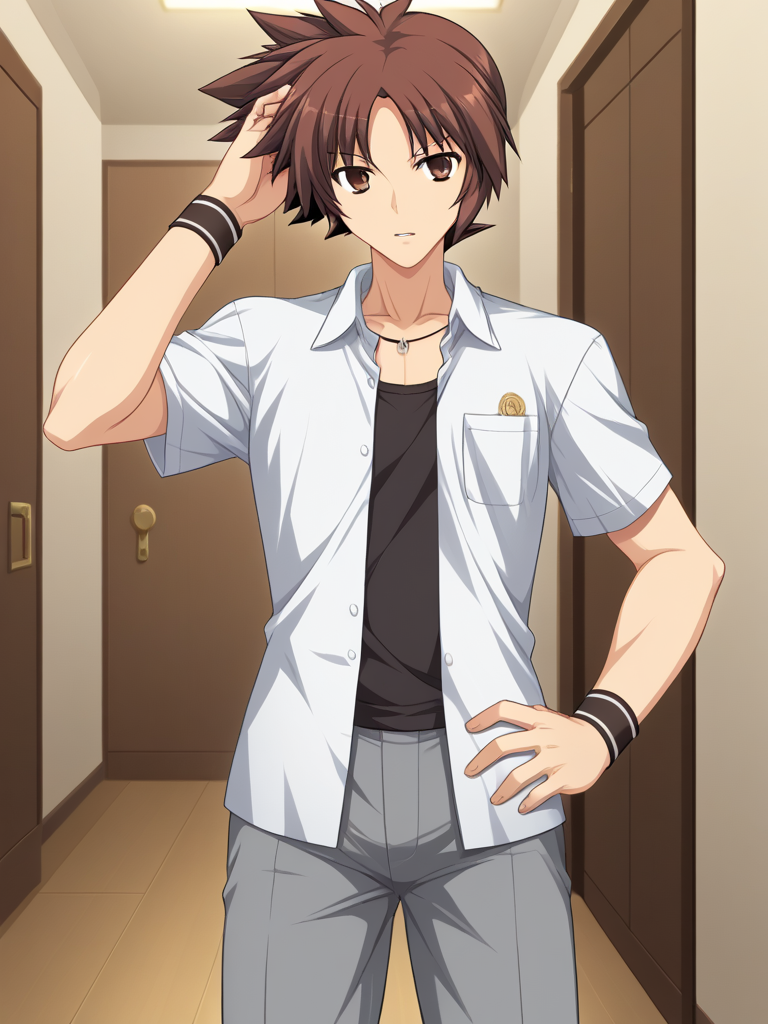 1boy, solo, reijilokiEXAEXSFA, brown hair, spiked hair, brown eyes, white collared jacket, short sleeves, shirt, wristband, grey pants, emblem, necklace, jewelry, school uniform, indoors, corridor, hand on hair, hand on hip, cowboy shot, looking at viewer, parted lips,