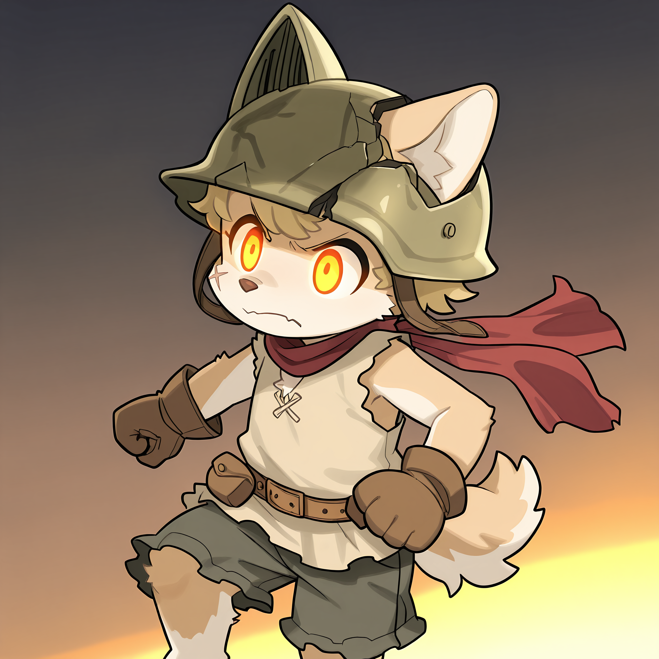 BREAK, <lora:Hack_Montblanc_Illustrious_V1.1:1>, Hack Montblanc, Fuga: Melodies of Steel, kemono, furry male, young male, 1boy, dog boy, scar on cheek, scar on leg, beige fur, white fur, multicolored fur, yellow eyes, blonde hair, short hair, animal ears, dog ears, dog tail,
BREAK, Fuga 2 Outfit, barefoot, worn shorts, frayed shorts, olive shorts, sleeveless topwear, beige topwear, leather belt, leather sash, pouch, brown gloves, long red scarf, helmet, metal helmet, damaged helmet,
BREAK, solo, half body, angry, closed mouth, red eyes, orange eyes, glowing eyes, hero mode,