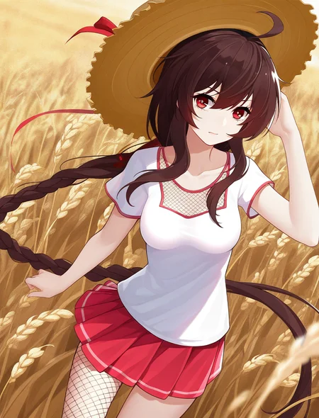 yuezheng ling,1girl,masterpiece,high quality,best quality,beautiful,Impossible shirt,pleated_skirt,fishnets,wheat field,loungewear,straw_hat,