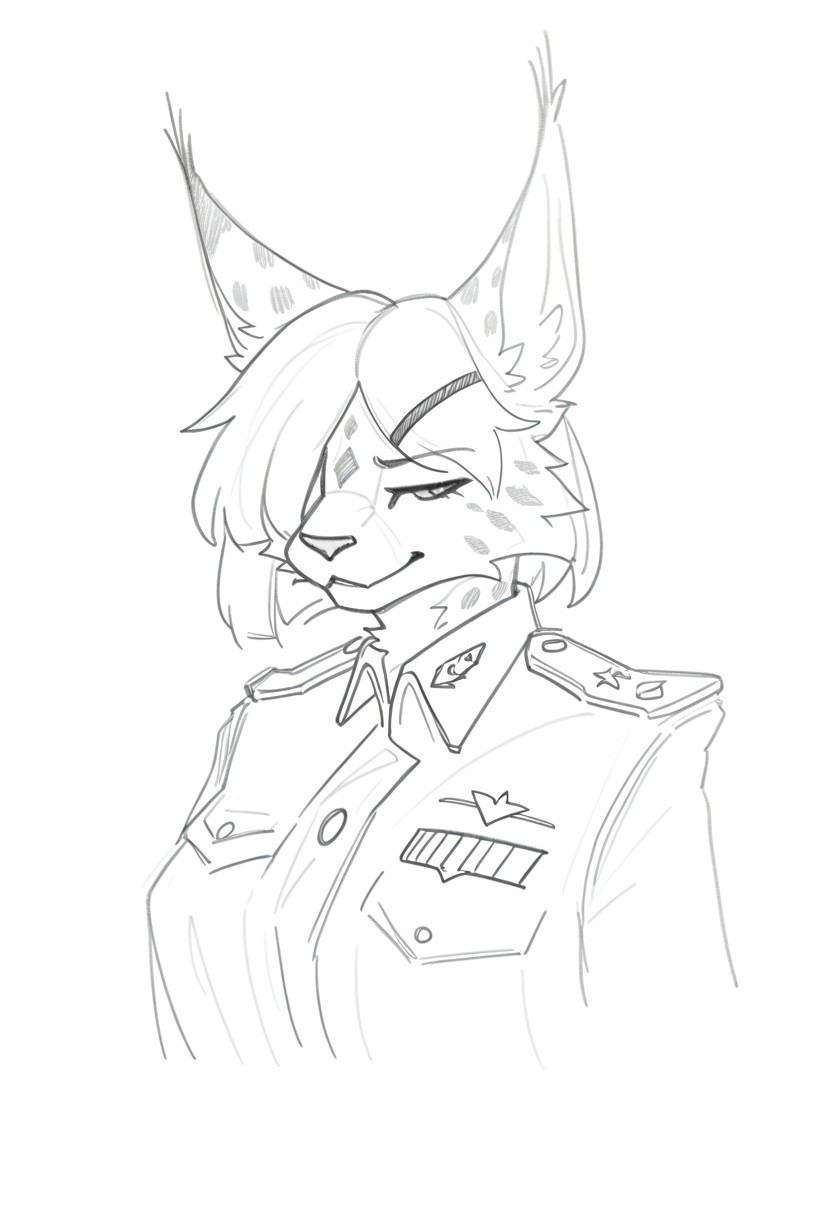 masterpiece, best quality, newest, absurdres, highres, furry, perfect anatomy, detailed eyes, (1girl, solo, female, lynx, light blue fur, black spotted body, silver hair, monotone hair, bob hair, hair over eye, one eye obstructed, green eyes, red hairpin, muscular, smirk, white military uniform, sketch, traditional media, monochrome), pederont, by pederont