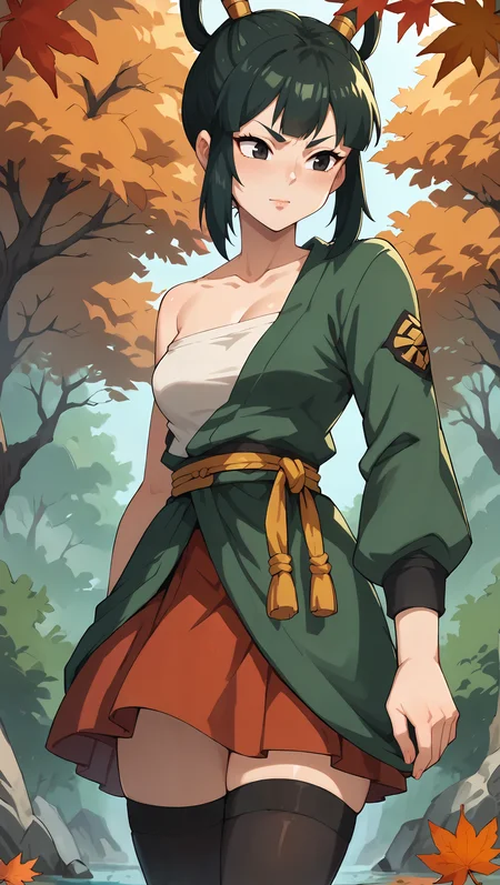 score_9,score_8_up,score_7_up,score_6_up, source_anime, zPDXL, girl, dark green hair, hair rings, sidelocks, black eyes, green kimono, (sarashi), one bare shoulder, red skirt, thighhighs, <lora:Wakfu_CartoonV02:0.5>, <lora:xl_more_art-full_v1:0.5>,  <lora:Yurin - Pony-000004:0.8> , leaning back, autumn forest, autumn leaves, orange and red leaves, windy,