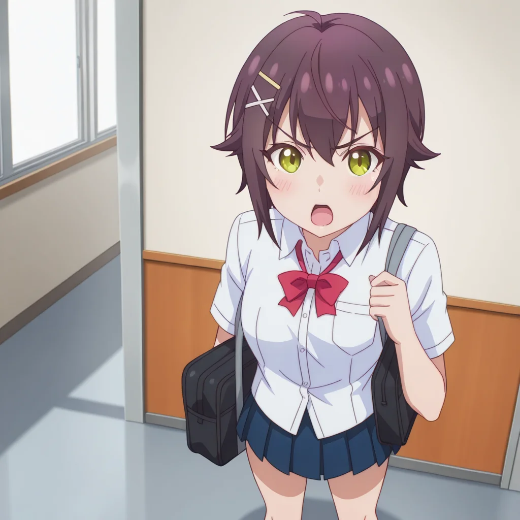 nsfw, masterpiece, best quality, 1girl, solo, the_dreaming_boy_is_a_realist_kei_ashida, full body, standing, green eyes, open mouth, hair ornament, school uniform, bag, shirt, short hair, bow, red bow, school bag, white shirt, x hair ornament, indoors, short sleeves, bowtie, hairclip, looking at viewer, red bowtie, breast pocket, collared shirt, brown hair, v-shaped eyebrows, bangs, blush, hair between eyes, <lora:Kei_Ashida_-_The_Dreaming_Boy_Is_a_Realist:0.7>