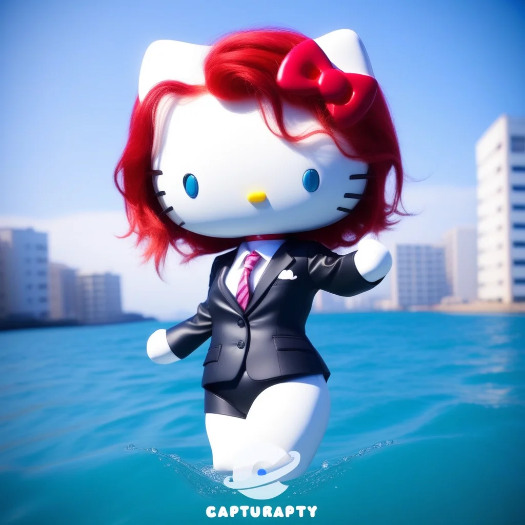 hello_kitty, 1 girl, red hair, blue eyes, kawaii style, suit swimming, whiskers, full body, ocean water background, looking at viewer, alone, < lora:hello_kitty-09:1>