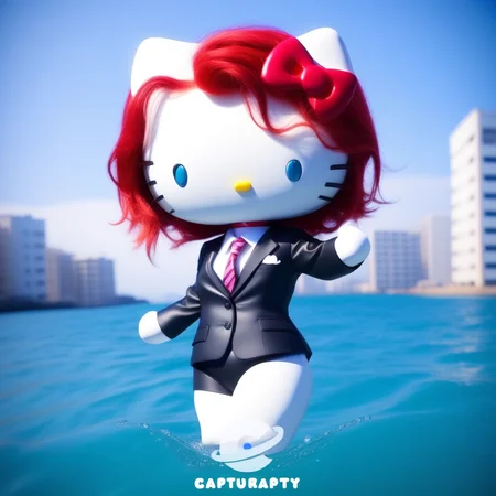 hello_kitty, 1 girl, red hair, blue eyes, kawaii style, suit swimming, whiskers, full body, ocean water background, looking at viewer, alone, < lora:hello_kitty-09:1>