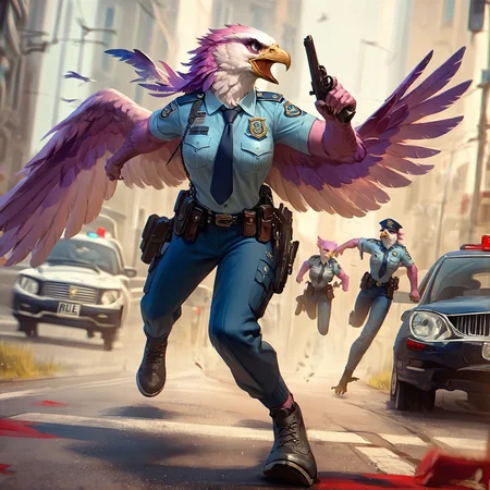 score_9, score_8_up, score_7_up, score_6_up, score_5_up, score_4_up,anthro,eagle, police uniform, winged arms, holding a gun, running, police car, action, blue and pink feathers, outdoors, pursuit, <lora:Anthro_birds-000018:0.8>