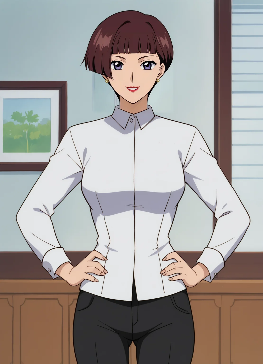 <lora:Sonomi_Daidouji-Cardcaptor_Sakura:0.75>,mm,mature female,1girl,solo,short hair,brown hair,purple eyes,bangs,lipstick,earrings,shirt,pants,cowboy shot,hands on own hips,looking at viewer,smile,indoors