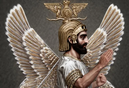 1boy, wings, fullbody, eye catching image of Cyrus the great, realistic