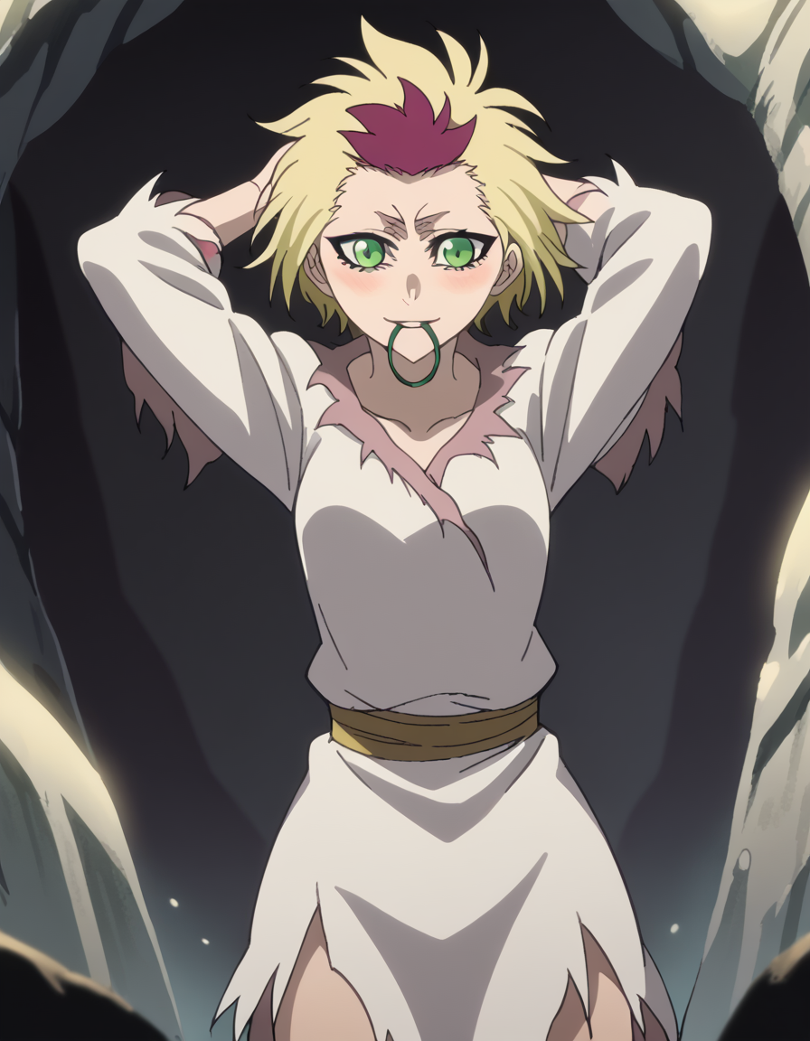 score_9, score_8_up, score_7_up, source_anime, <lora:bleach-homura-movie3-ponyxl-lora-nochekaiser:1>, homura, short hair, blonde hair, green eyes, red hair, multicolored hair, two-tone hair, anime screencap,, torn clothes, long sleeves, collarbone,, cave, darkness, rocks, underground, stalactites, smile, <lora:hair-tie-in-mouth-ponyxl-lora-nochekaiser:1>, hair tie in mouth, hair tie, mouth hold, rubber band, blush, tying hair, adjusting hair, hands in hair, arms up, arms behind head, ponytail, hand in own hair, hair lift, cowboy shot, looking at viewer, looking at viewer, solo,, dutch angle, cowboy shot