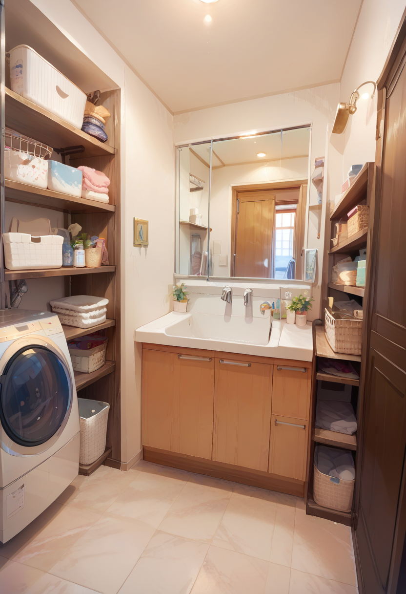 score_9, score_8_up, score_7_up, rating_safe, masterpiece, best quality, absurdres, unity 8k wallpaper, official art, official style, source_anime, uncensored, game cg, megami magazine,
JML2, sink, faucet, scenery, indoors, mirror, door, washing machine, cabinet, shelf, laundry
 <lora:JP_Senmenjyo_PONY_V2:1>
