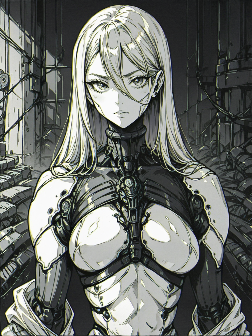 score_9, score_8_up, score_7_up, score_6_up, score_5_up, score_4_up,   <lora:gl1tchm4ng4XLP:0.7> gl1tchm4ng4, 1girl, android, curvy