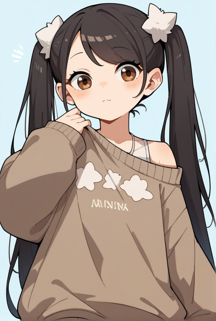 score_9, score_8_up, score_7_up, score_6_up, score_5_up, score_4_up, female, 1girl, solo, <lora:XL_PONY_NekoTete_MiiChan_catform_humanform:1> humanform_mii, twintails, dark_hair, oversized_clothes, oversized_sweater, long_twintails