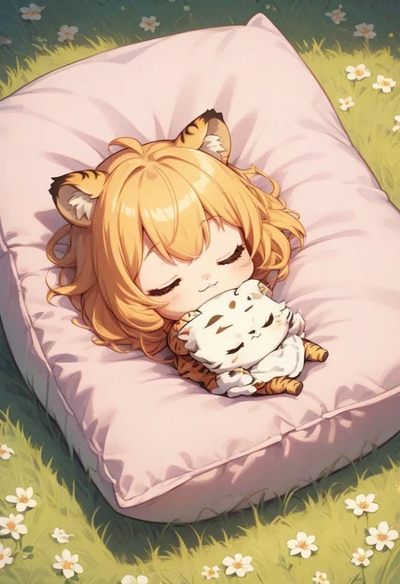 score_9, score_8_up, score_7_up, best quality, fine detail, cute, tiger girl, chibi, sleeping on pillow, :3, meadow full of flowers, grass