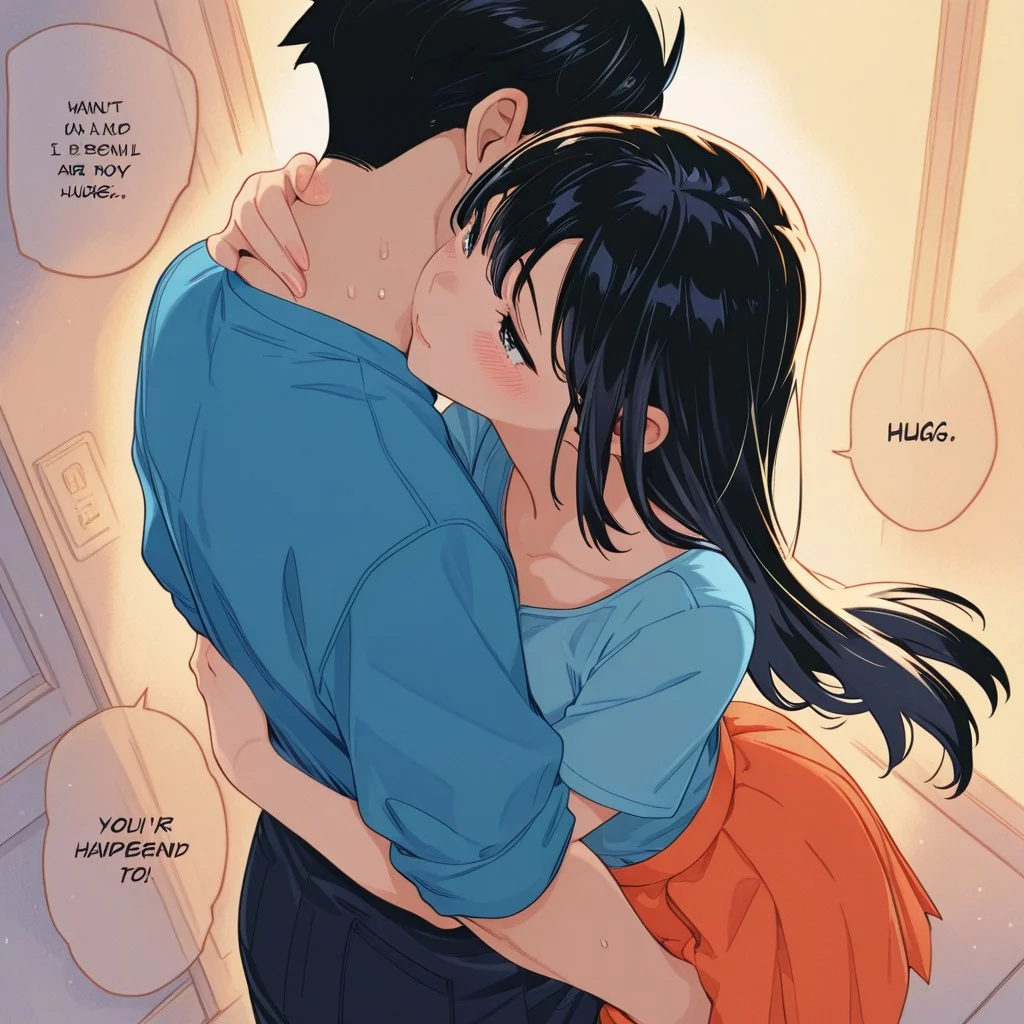 highres,ultra-detailed,illustration,colorful,masterpiece,extremely detailed,8k , manga art style , single panel , (1girl , black hair , orange skirt , cute face ) , (1boy , black hair , blue shirt) , boy hugs girl from behind , kisses neck , soft lighting , absurdes