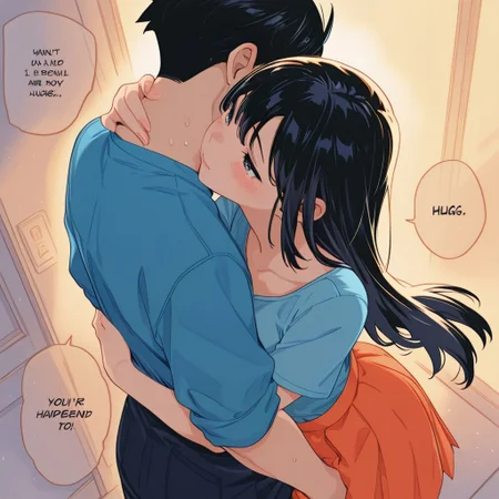 highres,ultra-detailed,illustration,colorful,masterpiece,extremely detailed,8k , manga art style , single panel , (1girl , black hair , orange skirt , cute face ) , (1boy , black hair , blue shirt) , boy hugs girl from behind , kisses neck , soft lighting , absurdes