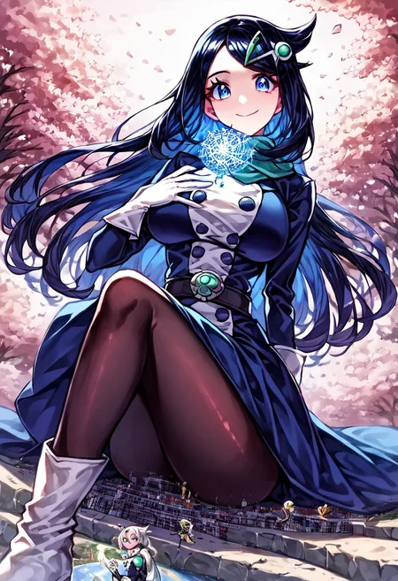 gorgeous lips, cinematic, (masterpiece), (best quality), (ultra-detailed), very aesthetic, perfect composition, intricate details, absurdres, detailed face, (anime, masterpiece, intricate:1.3), (best quality, hires textures, high detail:1.2), score_9, score_8_up, score_7_up, source_anime, 1girl, liko \(pokemon\), very long hair, black hair, blue highlights, blue eyes, eyelashes, hair ornament, scarf, dress, blue dress, long sleeves, buttons, gloves, white gloves, belt, pantyhose, black pantyhose, boots, white heel footwear, butterflies, skirt, floral patterns, alternate_costume, large breasts, facial expression, kind, soft eyes, head tilt, slightly smiling, closed mouth, hand on breasts, breasts covered, goddess, planet size, giantess, enormous body, growing even bigger, towering over cities, small planet, sitting on a big city, floating object, gradient eyes, beautiful detailed eyes, Chinatown background, Chinatown landscape, Chinatown, temples, outdoors, cherry blossom forest, small lakes, holding planet, (masterpiece:1.4), (best quality:1.4), (ultra-detailed:1.2), gl0w, glow,