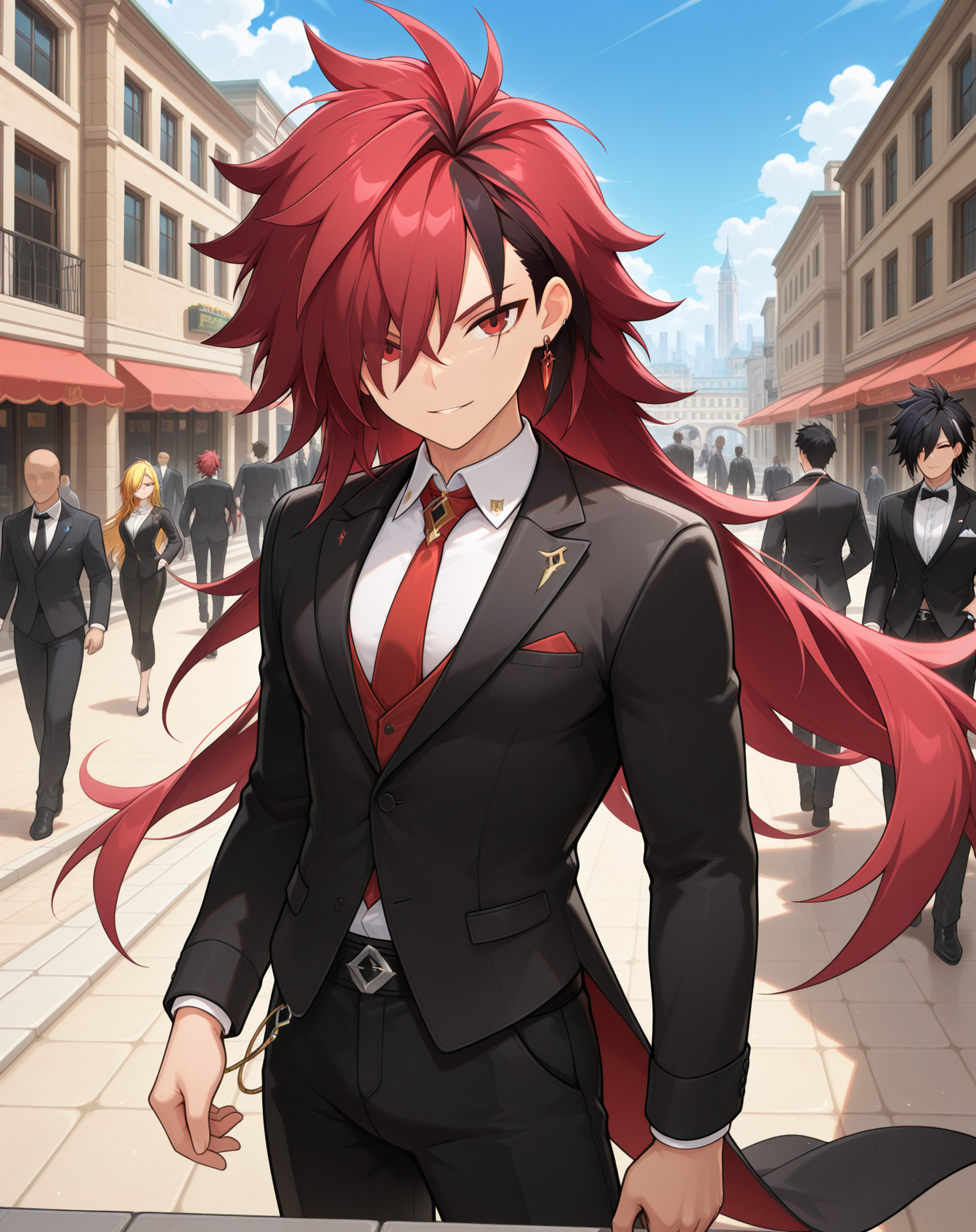 masterpiece,best quality,amazing quality, newest, very aesthetic, absurdres,
1boy, solo, yaoi, male focus, looking at viewer, cowboy shot, standing,
<lora:Elsword_Immortal_ilxl:1> elswordim, red eyes, multicolored hair, red hair, two-tone hair, black hair, long hair, streaked hair, hair over one eye,
formal, tuxedo, neck ribbon, white shirt, collared shirt, black pants, shoes, black footwear, suit jacket, black jacket,
outdoors, day, blue sky, building, people,