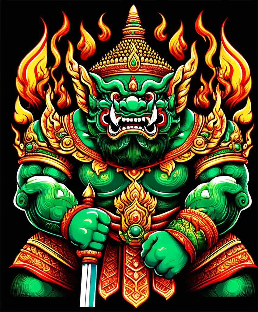 thai ogre style, giant, holding a sword, colors green red and gold, fire, extremely detailed, digital art, t-shirt design, dark blackground <lora:thai ogre_style:0.8>