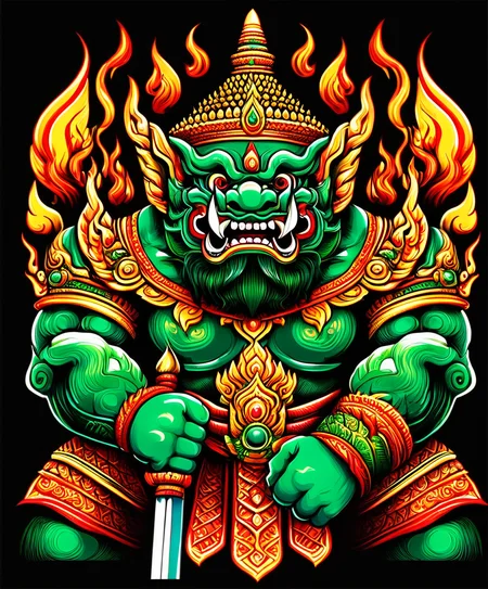 thai ogre style, giant, holding a sword, colors green red and gold, fire, extremely detailed, digital art, t-shirt design, dark blackground <lora:thai ogre_style:0.8>