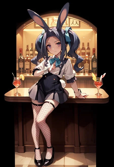 score_9, score_8_up, score_7_up, source_anime,
MELTY Q MELROMARC , Bunny girl, fishnet stockings, bar