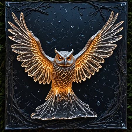 beautiful glass bird lit as if it is emitting light, execution, realistic,  masterpiece, photorealistic,  depth of field contours, accurate lighting, perfectly drawn, photograph, intricate detail, 8k,  very colourful, outdoors, night, intricate detail, beautiful glass etching, in a tree, 3d glass sculpture, rainbow colours, raytracing, lumen, 8k, high definition, highly detailed, reflective, luminism. detailed  textures, owl, (on a  plaque with the text CATO:1.4), WINGS OUTSTRETCHED, EAGLE,