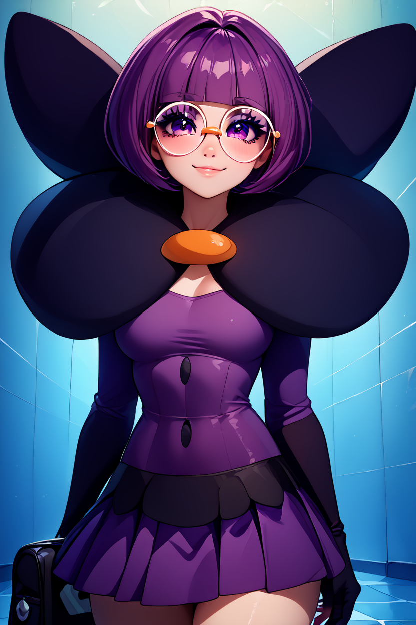 score_9, score_8_up, score_8, medium breasts, (curvy), cute, eyelashes,       ,,, , ,,, zzShauntal, purple eyes, bob cut, glasses, round eyewear, short hair, blunt bangs, purple hair, elbow gloves, purple skirt, skirt, bow, dress, large bow, <lora:Shauntal_Pokemon_PDXL:1.0>,  ,,,, BREAK, closed mouth, alternate costume, smile, looking at viewer, collared shirt, blush, sweater, black skirt, eyelashes, long sleeves, sleeves past wrists, plaid skirt, shoulder bag, black bag, blurry, tile floor, pleated skirt, white shirt, cowboy shot, ,,, embedding:zPDXL, Expressiveh, ,,, <lora:Vivid:0.7>, <lora:LFashionPDXL:1>, <lora:Uncensored_PonyXL_cpt_v02.09:0.4>, <lora:Expressive_H-000001:0.4>,