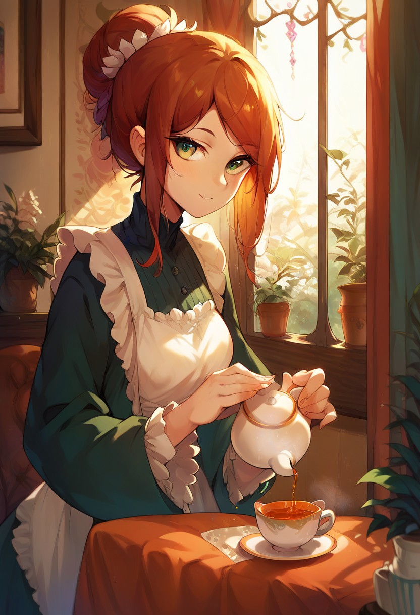 score_9, score_8_up, score_7_up, score_6_up, score_5_up, colourful, 8k, 1girl, solo, p0uring dr1nks, room, clothed female, teapot, tea cup, tea, pouring, holding, looking at viewer,