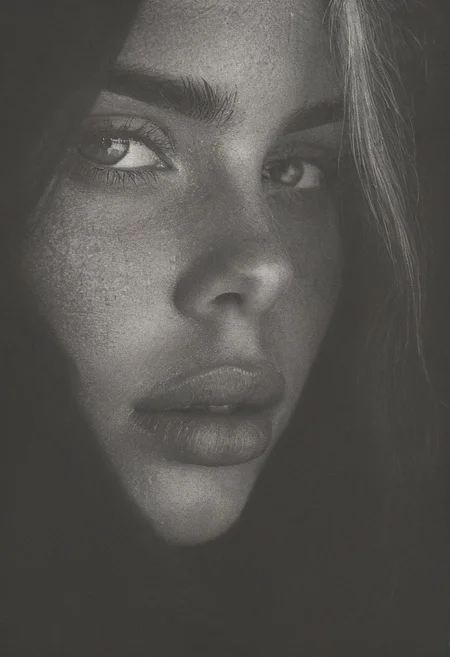portrait, dark photo of a cute 20-year-old Caucasian woman with (tanned skin:0.8) and (freckles:0.6) and piercing blue eyes and white hair tied back in dreadlocks wearing a tanktop, natural nose, shallow depth of field, vignette, highly detailed, moody, epic, gorgeous, film, atmospheric haze, dynamic lighting