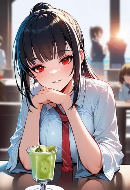 (explict), chiharayukine, solo, sitting on cafe, schoolgirl uniform, kiwi smoothie on table, looking at viewer, (from front:1.2), blurry background, red colored eyes, blushed, (masterpiece), (best quality), (ultra detailed), shine, sunlilght, lens flare, solo, (masterpiece, best quality, amazing quality, highres, absurdres, very aesthetic, depth of field), <lora:chihara_yukine-V3.1:0.9>