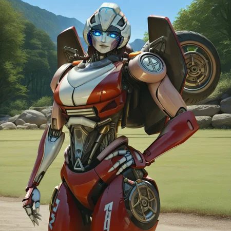 score_9, score_8_up, score_7_up, masterpiece, best quality, solo, 1girl, detailed eyes, screencap, looking at viewer, perfectly drawn face, perfectly drawn eyes, waist-up shot, bust view, arceerotb, autobot, 1girl, red and white body, mechanical parts, robot, helmet-like head, robotic face, glowing blue eyes, autobot symbol on forehead, fairing-like chest, wheels on back, 'ducati' printed on right leg, narrow waist, unique pose, sunny, looking at viewer, outdoors, hand on waist, soft smile, photorealistic, realistic