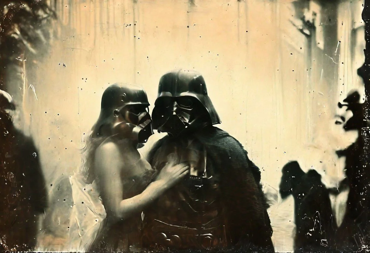 Long shot darth vader with sexy stormtroopers having fun in the street, Vintage street photo look
<lora:Vintage_Street_Photo:1>