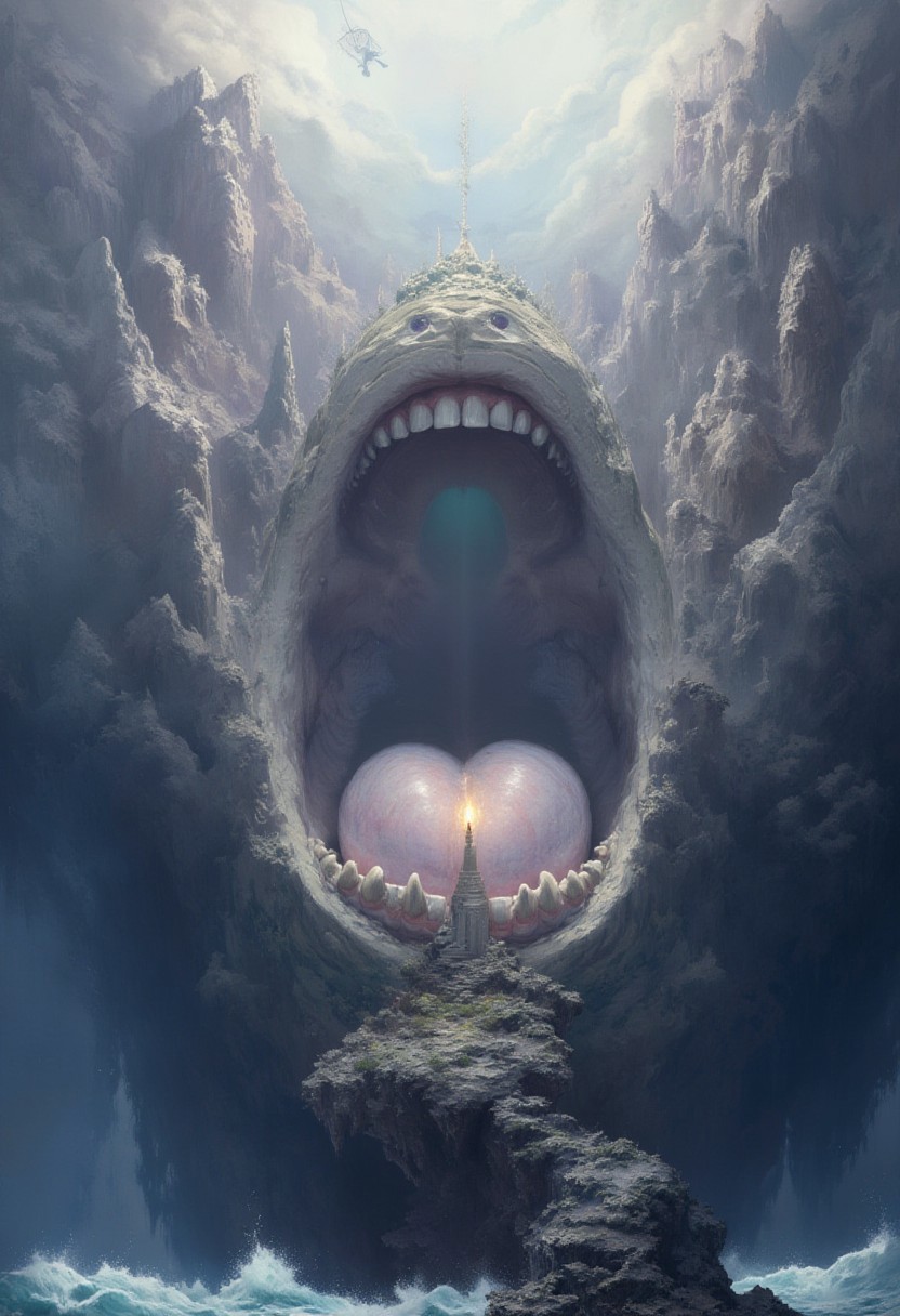 A colossal open mouth forms the surreal landscape, with the lower jaw shaping the terrain. The tongue emerges as an island floating above a turbulent ocean that fills the mouth's interior. A solitary lighthouse stands atop the tongue, casting a glowing beam across the watery expanse. Towering, jagged mountains encircle the scene, blending seamlessly into the surreal form of the jaw. The atmosphere is otherworldly, with muted, dreamy colors and intricate details, illuminated by a soft, ethereal light breaking through misty clouds. Waves crash against the tongue's edges, adding motion and chaos to the surreal environment.