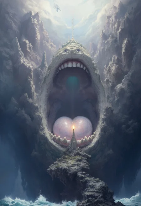 A colossal open mouth forms the surreal landscape, with the lower jaw shaping the terrain. The tongue emerges as an island floating above a turbulent ocean that fills the mouth's interior. A solitary lighthouse stands atop the tongue, casting a glowing beam across the watery expanse. Towering, jagged mountains encircle the scene, blending seamlessly into the surreal form of the jaw. The atmosphere is otherworldly, with muted, dreamy colors and intricate details, illuminated by a soft, ethereal light breaking through misty clouds. Waves crash against the tongue's edges, adding motion and chaos to the surreal environment.