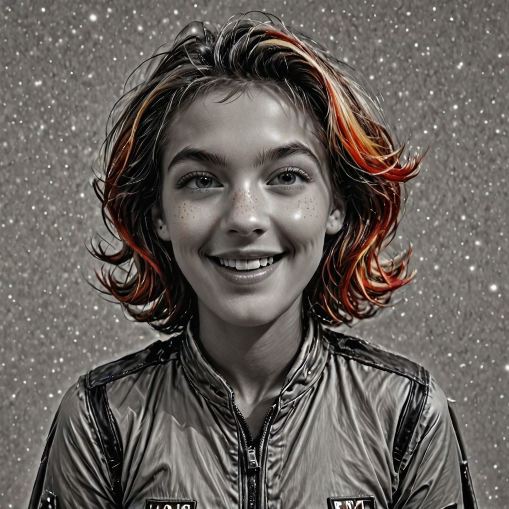 Realistic, cinematic shot, selective color, monochrome background, 4k, Gadget fighting aliens, 18yo, blaster, alien planet, Gadget, smile, perfect face, easynegative, ALRGFC, alluring face, Stable_Yogis_PDXL_Positives