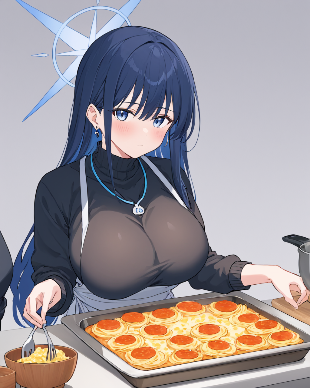 saori \(blue archive\),1girl, halo, large_breasts, apron, turtleneck, cooking, blush, jeans, black_shirt, closed_mouth, 1boy, white_background, long_sleeves, necklace, simple_background, sweater, earrings, looking_at_viewer, sidelocks, food, piercing, upper_body, holding_cup, alternate_costume
<lora:saori_(blue_archive)_image2237_2023-11-28-000010:1>halo. gorgeous,key visual, vibrant, studio anime,award-winning, professional, highly detailed,high budget, cinemascope